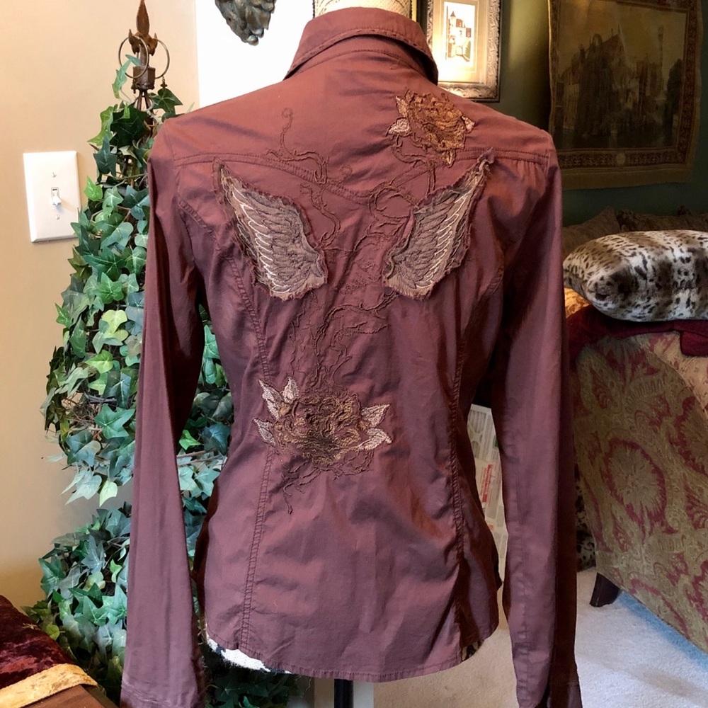 MURMUR Winged Rose 🌹 Distressed Western Shirt L